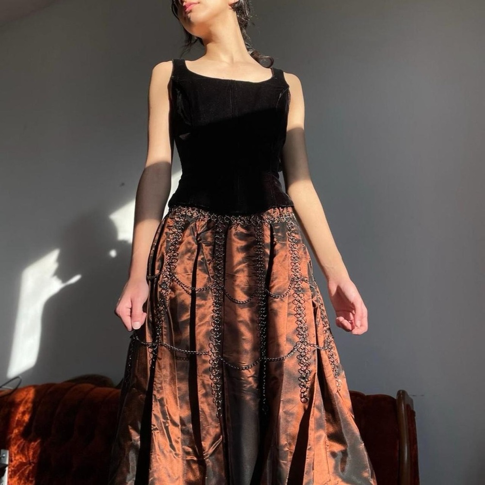 Black Velvet Corset Top with Copper Brown Embellished Maxi Skirt
